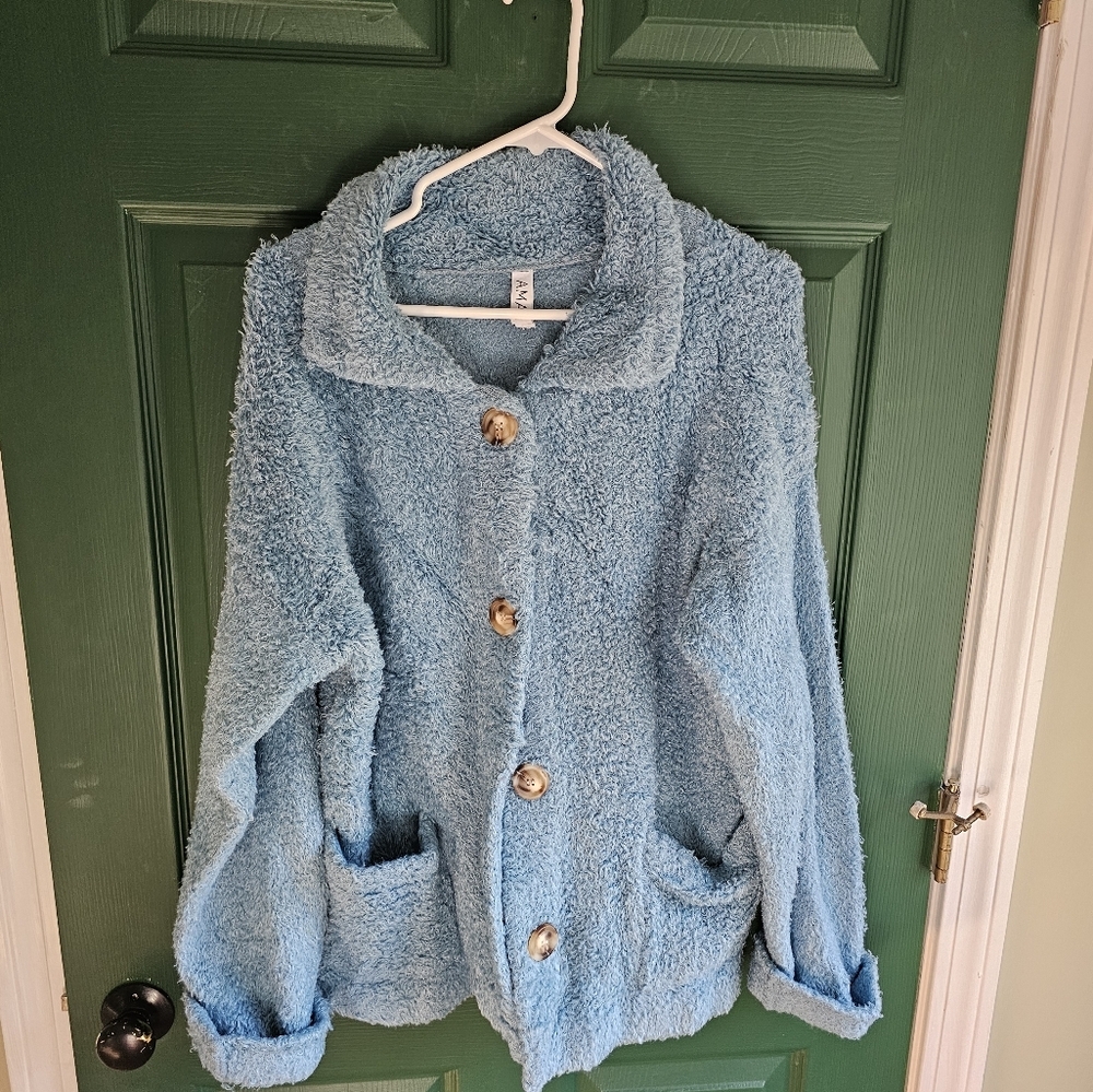 AMADI x Anthropologie Danika Fuzzy Teddy Sky Jacket Coat - Picture 3 of 11